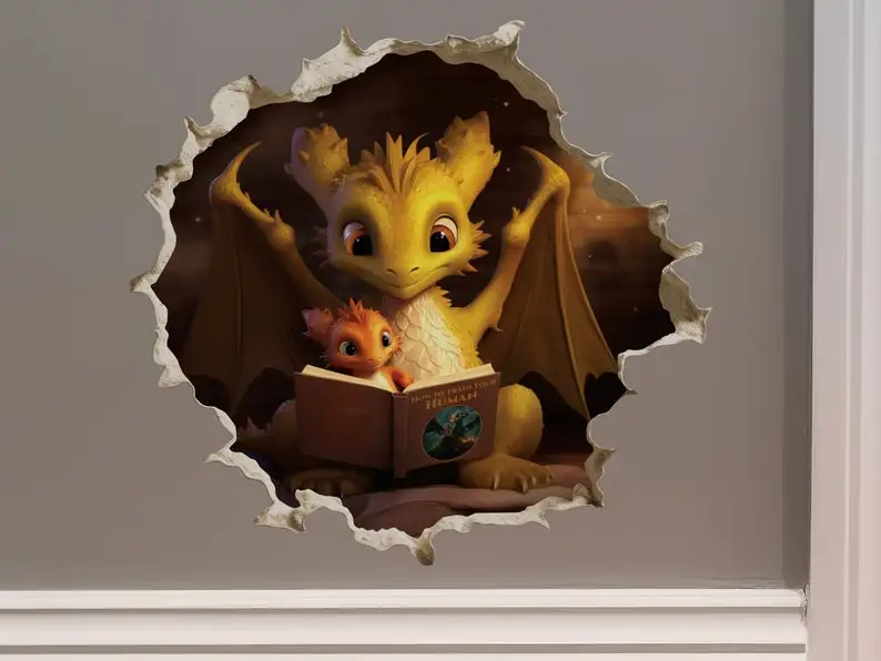 Dragon Parent and Child Reading in Wall Hole Decal - Mouse Hole 3D Wall Sticker