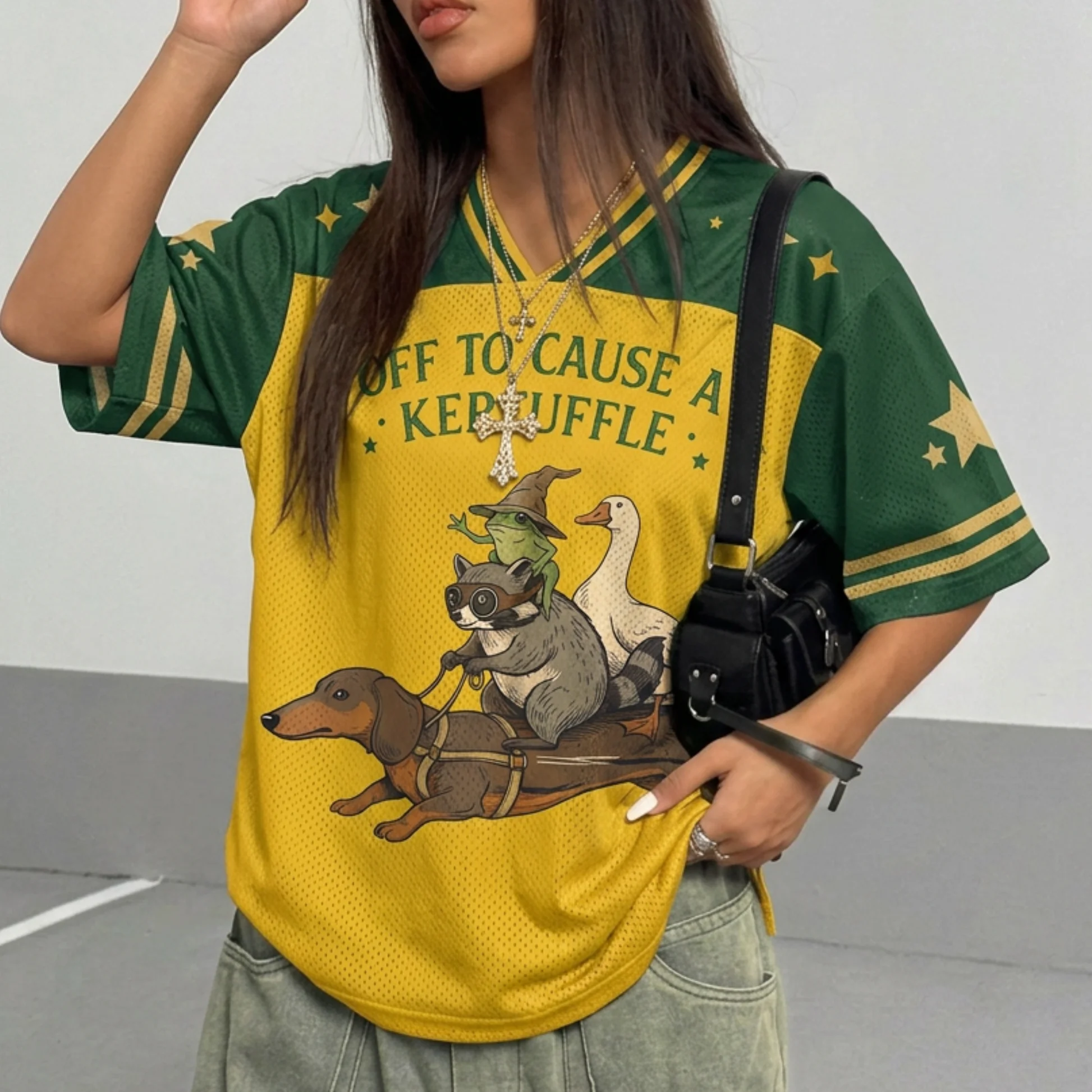 Retro Cartoon Dog Animal Mesh Short-sleeved Jersey,Versatile Quick-drying Top for Children and Adults,Suitable for Both Families