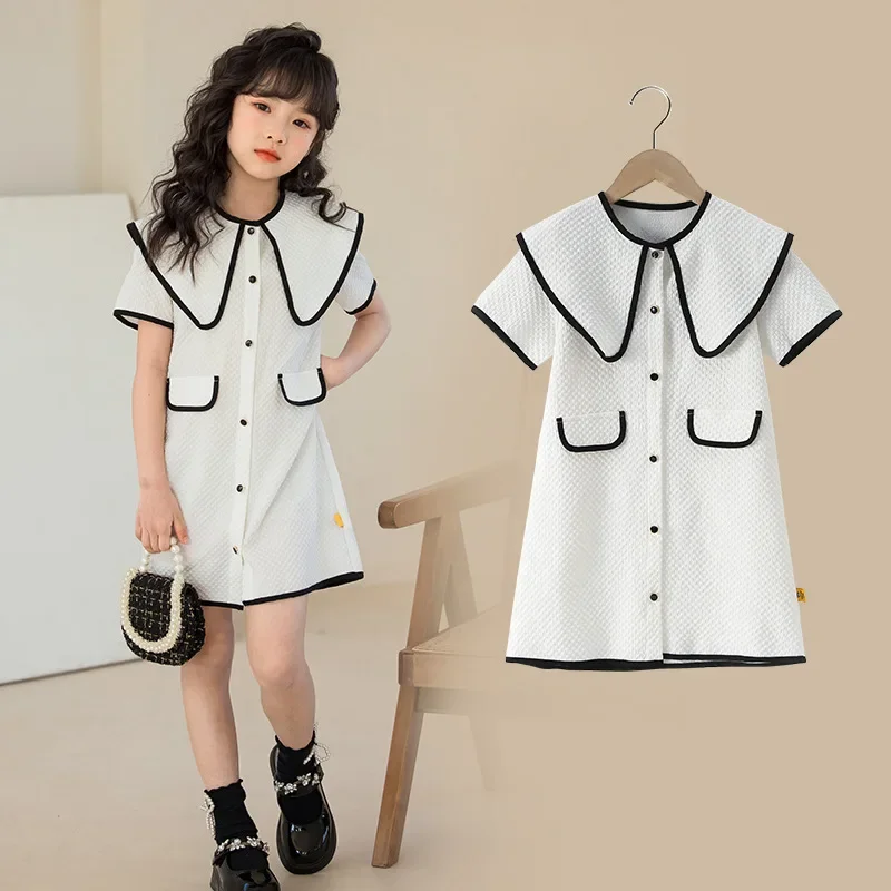 

Korean Summer Junior Girl One-piece Dress Teenager Girl Lapel A-line Dress School Girl Single-breasted Elegant Dress Kid Dress