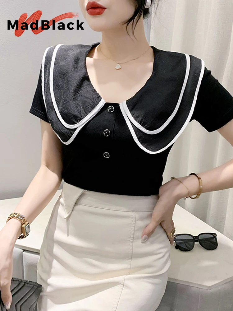 

MadBlack Summer European Clothes Tshirt Female Sexy Peter Pan Collar Slim Cotton Tops Short Sleeve Pullover Tees New T36135JC