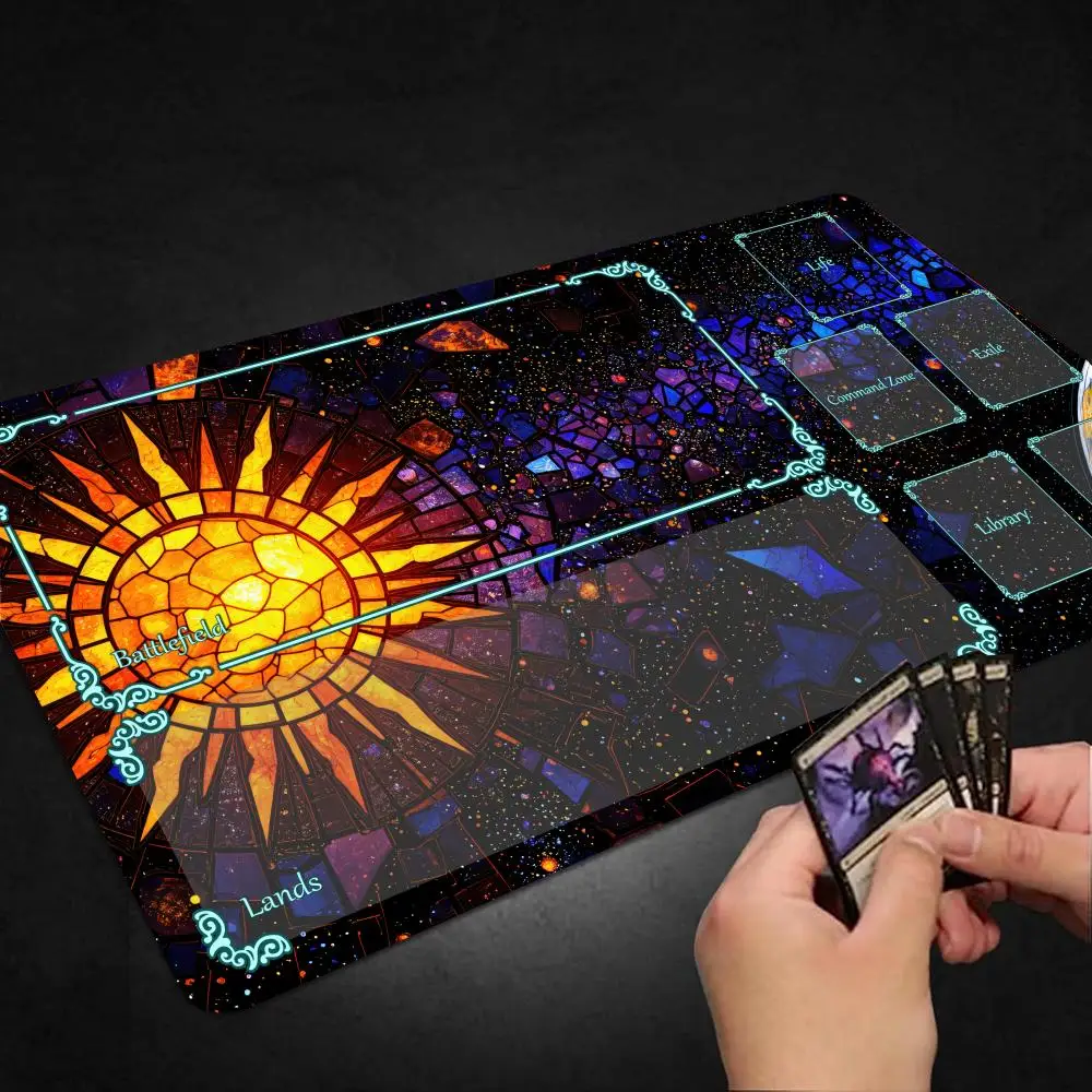 Stained Glass Sun Playmat, Anti-Slip Rubber Card Mat with Edge Locking, MTG Commander Mat, Premium Playmat for PC Accessories
