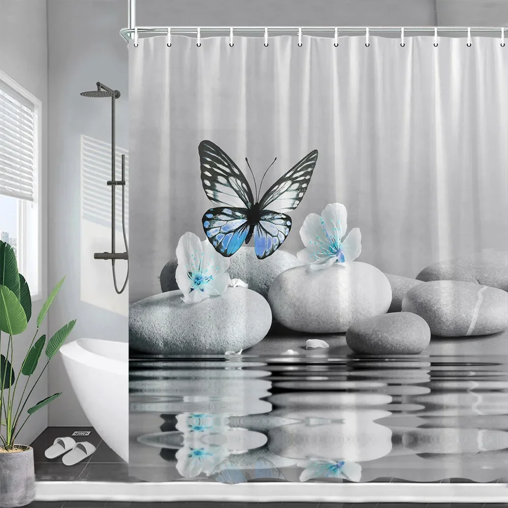 Zen Landscape Shower Curtains Butterfly Grey Massage Stone White Flower Spa Scenery Bath Curtain Fabric Bathroom Decor Set Hooks