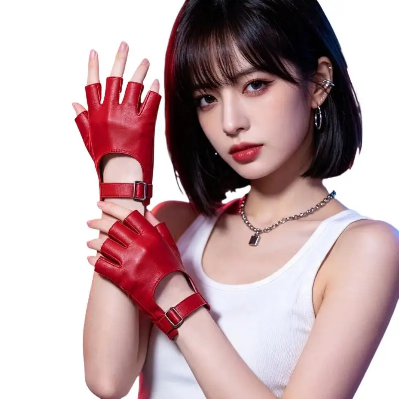 Punk Kurze PU-Leder Halbfingerhandschuhe für Damen und Herren, Hip-Hop, zum Fahren, Motorrad, coole Fäustlinge, ausgehöhlte fingerlose Handschuhe – Detail 6