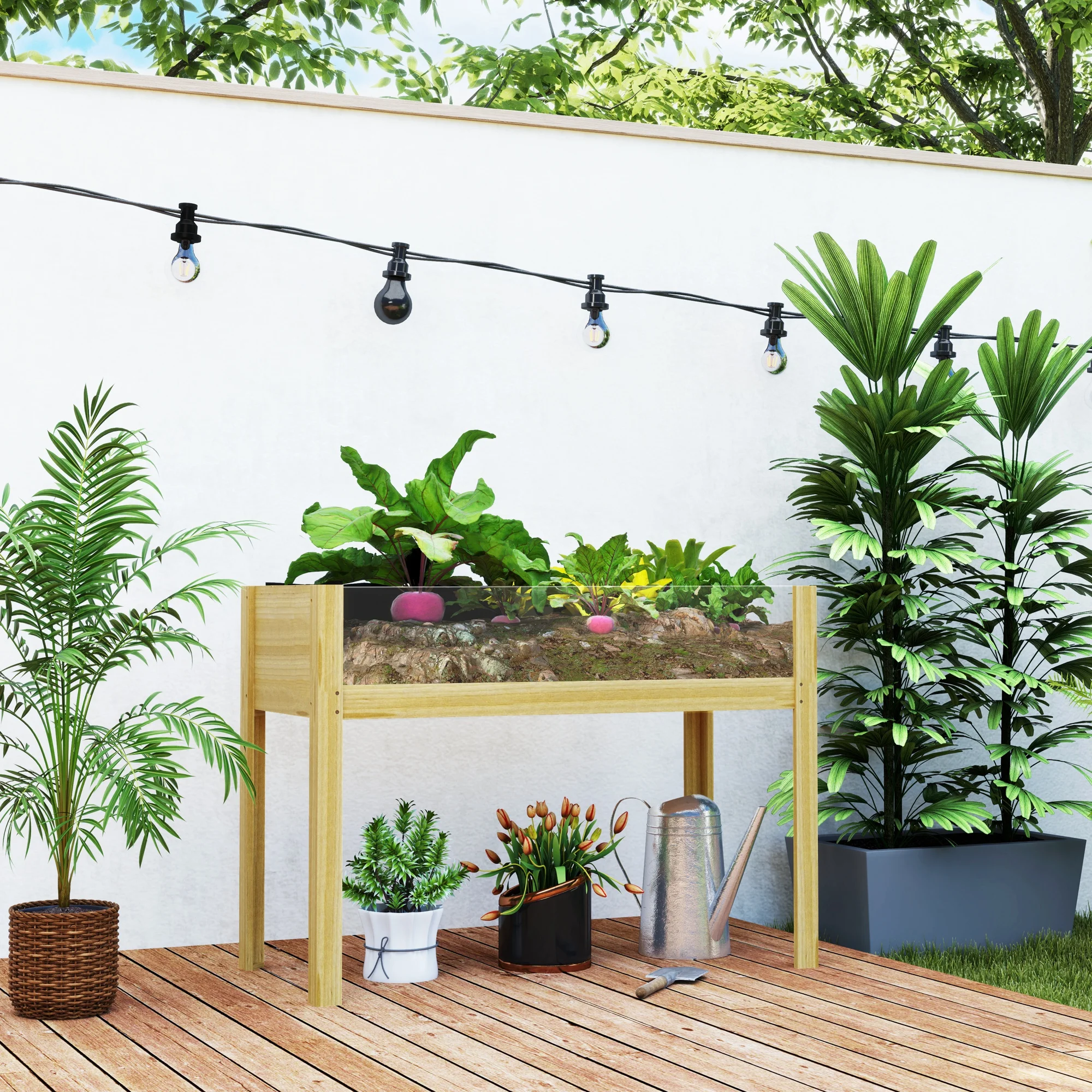 Bac à plantes surélevé avec panneaux en acrylique, 110x50x80cm, en bois naturel, avec trous de drainage, résistant aux intempéries, pour jardin ou balcon, capacité 118L