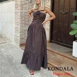 KONDALA Elegant Fall Brown Flower Halter Women Dress 2025 Summer Fashion Neck-mounted Backless Long Dress Evening Date Dress