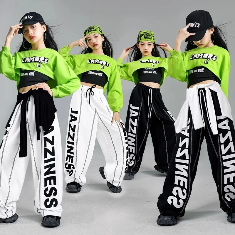 

Детская одежда в стиле хип-хоп для девочек, зеленые укороченные топы для джазовых танцев, свободные брюки с длинными рукавами, тренировочная одежда, комплект для выступлений на сцене, BL14481