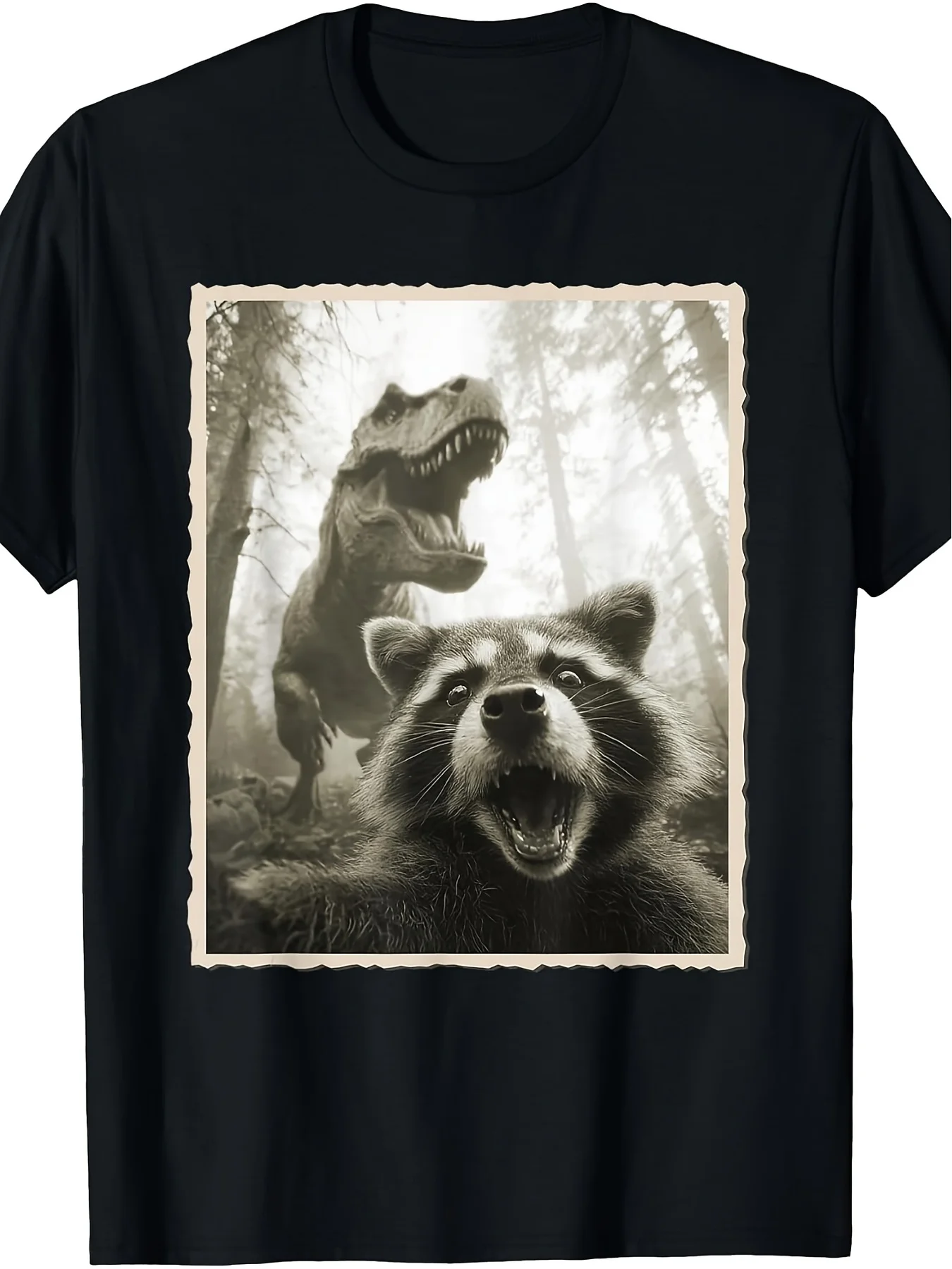 Raccoon Selfie with Dinosaur Funny Tyrannosaurus Rex TShirt Vintage Crew Neck Slight Stretch Fabric Regular Fit AllSeason Drawing Pattern for Adults