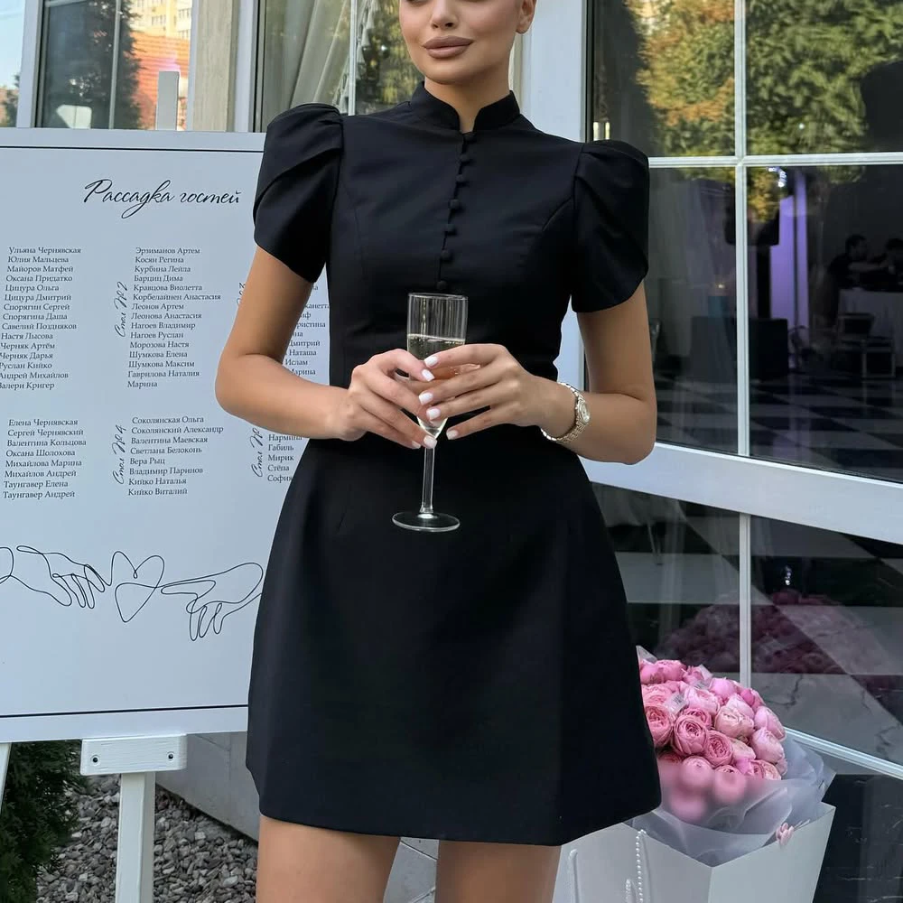 

Talenza Luxury Evening Dress Summer Pink Stand Neck High Waist Bubble Sleeve A-line Dress Elegant Patchwork Fashion Women Dress