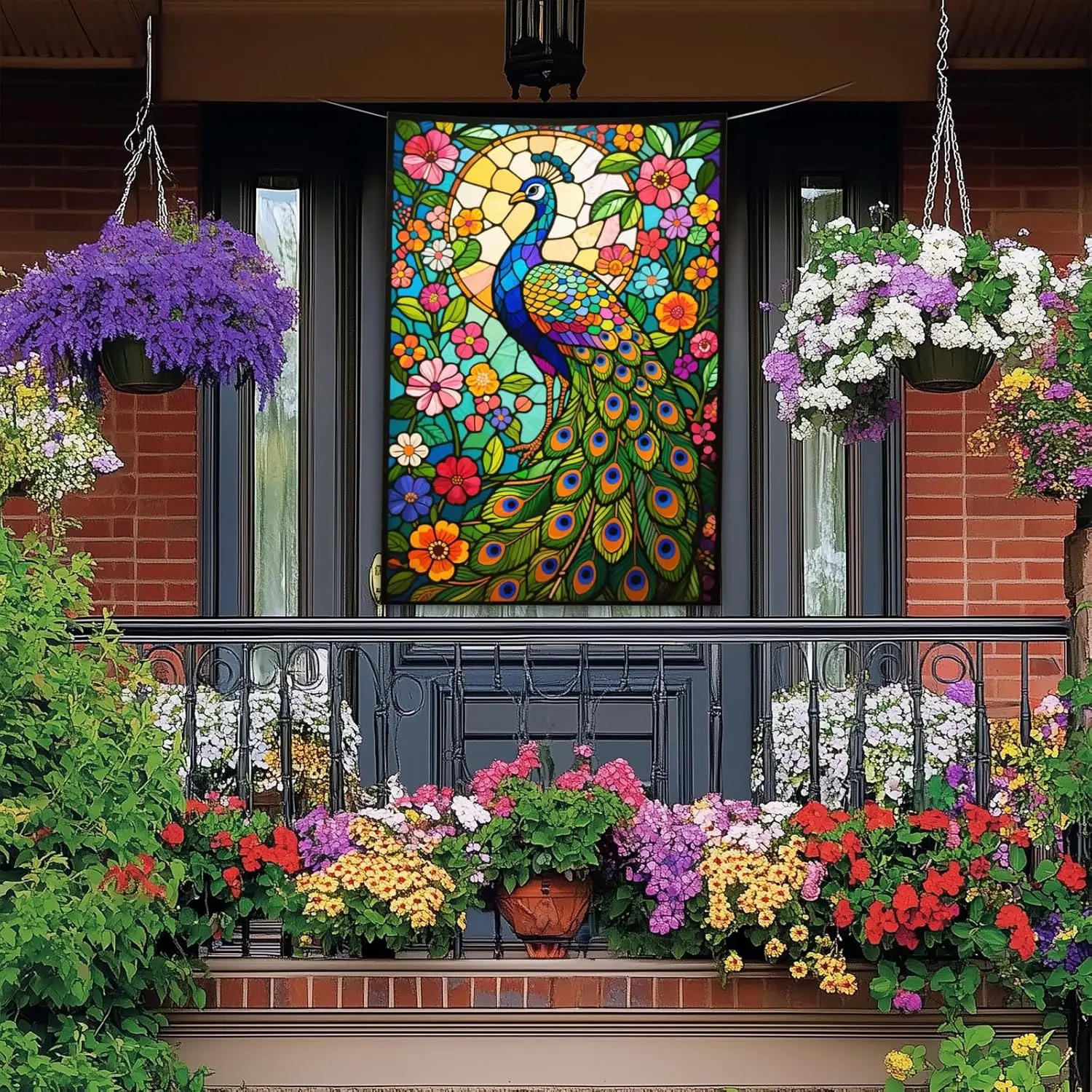 Peacock House Flag 28 x 40 Inch Garden Flag Double Sided Floral Stained Glass Design for Spring Summer Outdoor Yard Banner P PPZ