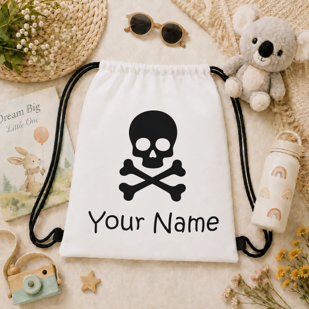 Personalized Halloween Skull Drawstring Bag Custom Name Skeleton Crossbones String Backpack for Kids Gym Travel Party