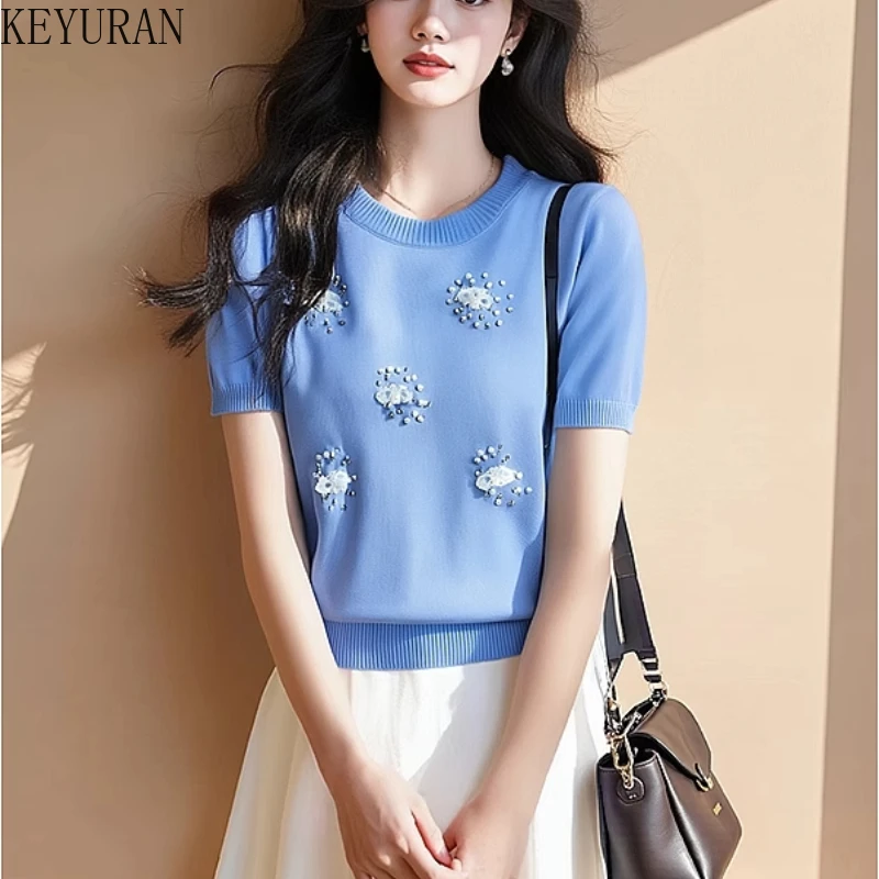 

Летний свитер с 3D цветочным принтом и бисером, женская трикотажная футболка, модный тонкий пуловер с короткими рукавами и круглым вырезом, трикотажные топы с вышивкой