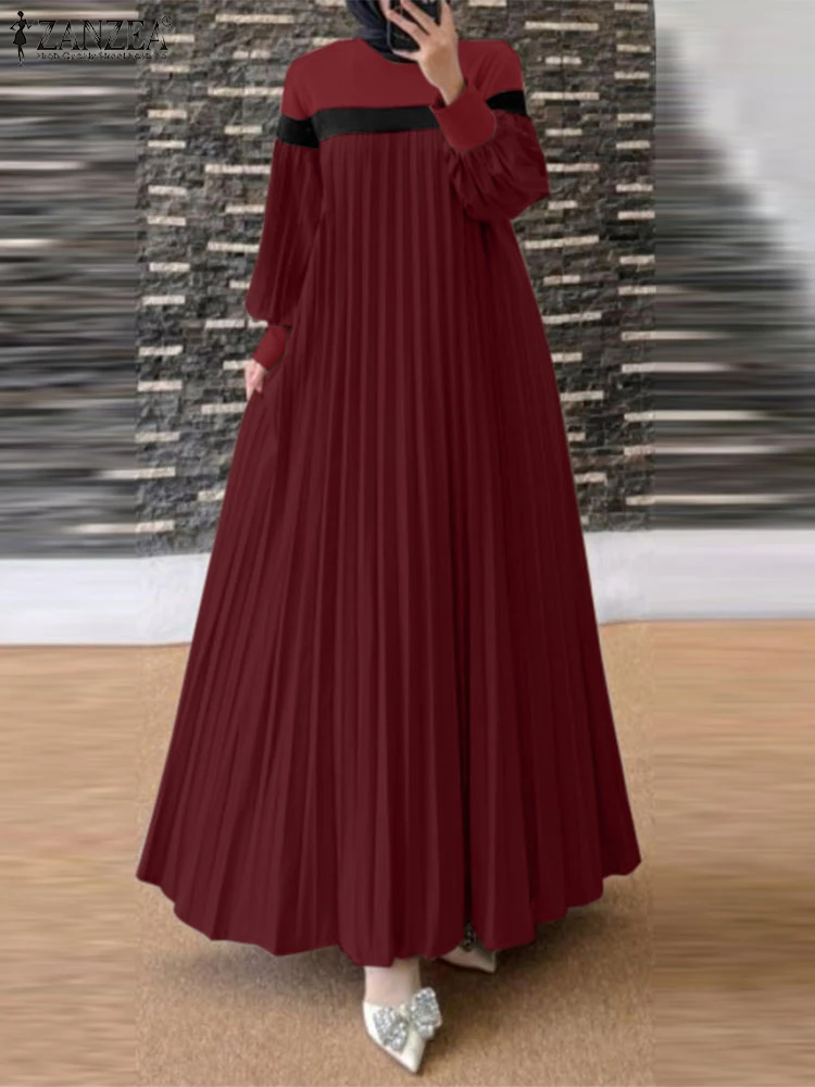 2025 ZANZEA elegante Abaya bata islámica Mujer Vestidos plisados Patchwork vestido veraniego mujeres primavera manga larga linterna vestido musulmán