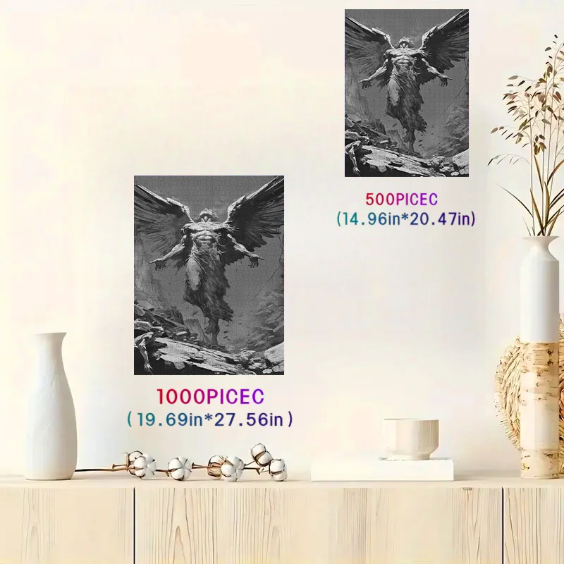 Monochromes Puzzle mit gefallenen Engeln in einer Ruinszene, Puzzle für Erwachsene, dunkles Fantasy-Thema, geistiges Spiel, Heim- und Freizeit-Dekorationspuzzle, T