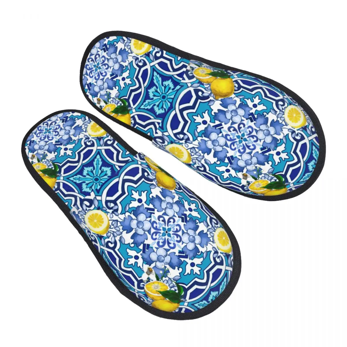 Custom Mediterranean Sicilian Tiles Lemons Citrus Soft Memory Foam House Slippers Women Comfy Warm Anti-Skid Slipper