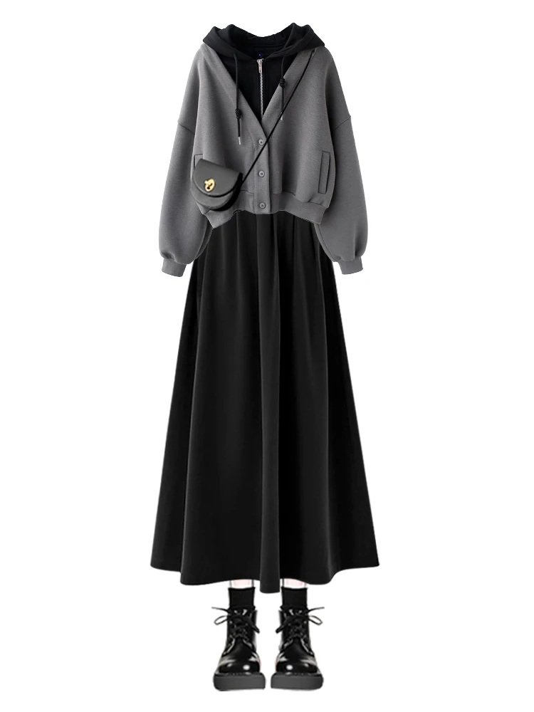 Autumn Winter Women's College Sle Sweatirt Skirt Set Casual High Waist Long Skirt Two Piece Outfit Anti-Aging Trendy Set