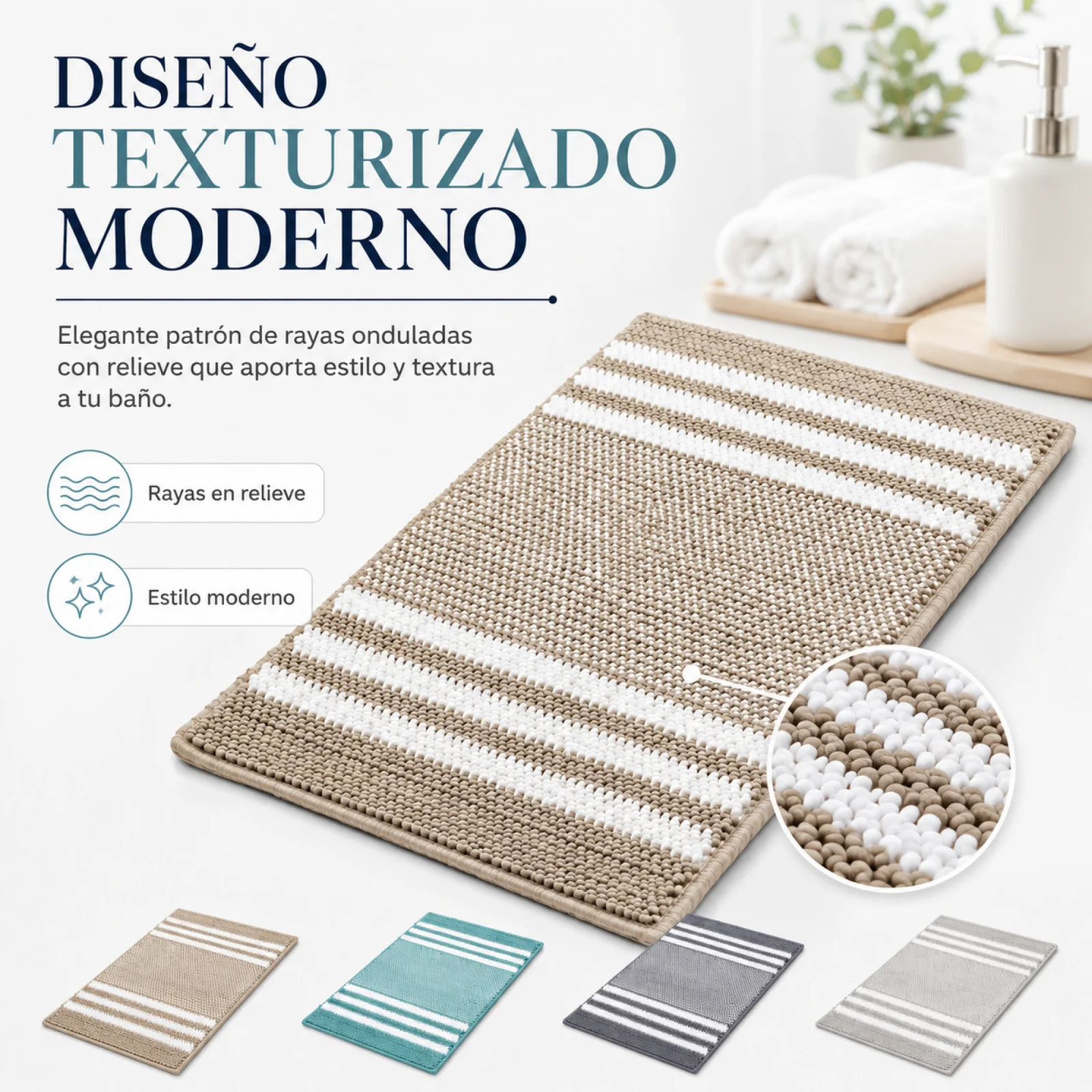 Tapis de bain antidérapant en chenille douce 40x60cm, tapis absorbant en microfibre avec motif rayé moderne pour la douche et l'évier, tissu à séchage rapide haute densité