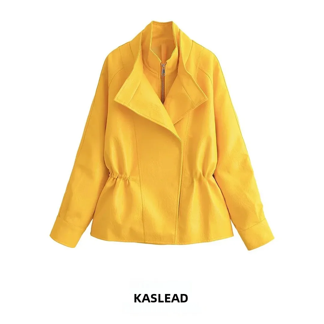 KASLEAD New Women's Fashion Yellow PU Leather Jacket Stand Collar Versatile High-End Feeling Autumn Season Long Sleeve Zipper