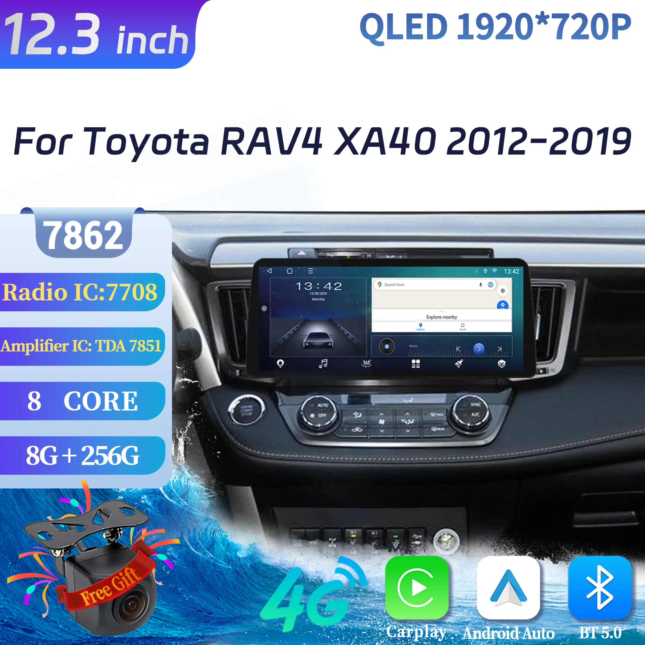 

12,3-дюймовый автомобильный радиоприемник-мультимедиа для Toyota RAV4 XA40 2012-2017 2018 2019 Android 14, беспроводной Bluetooth Carplay, экран головное устройство