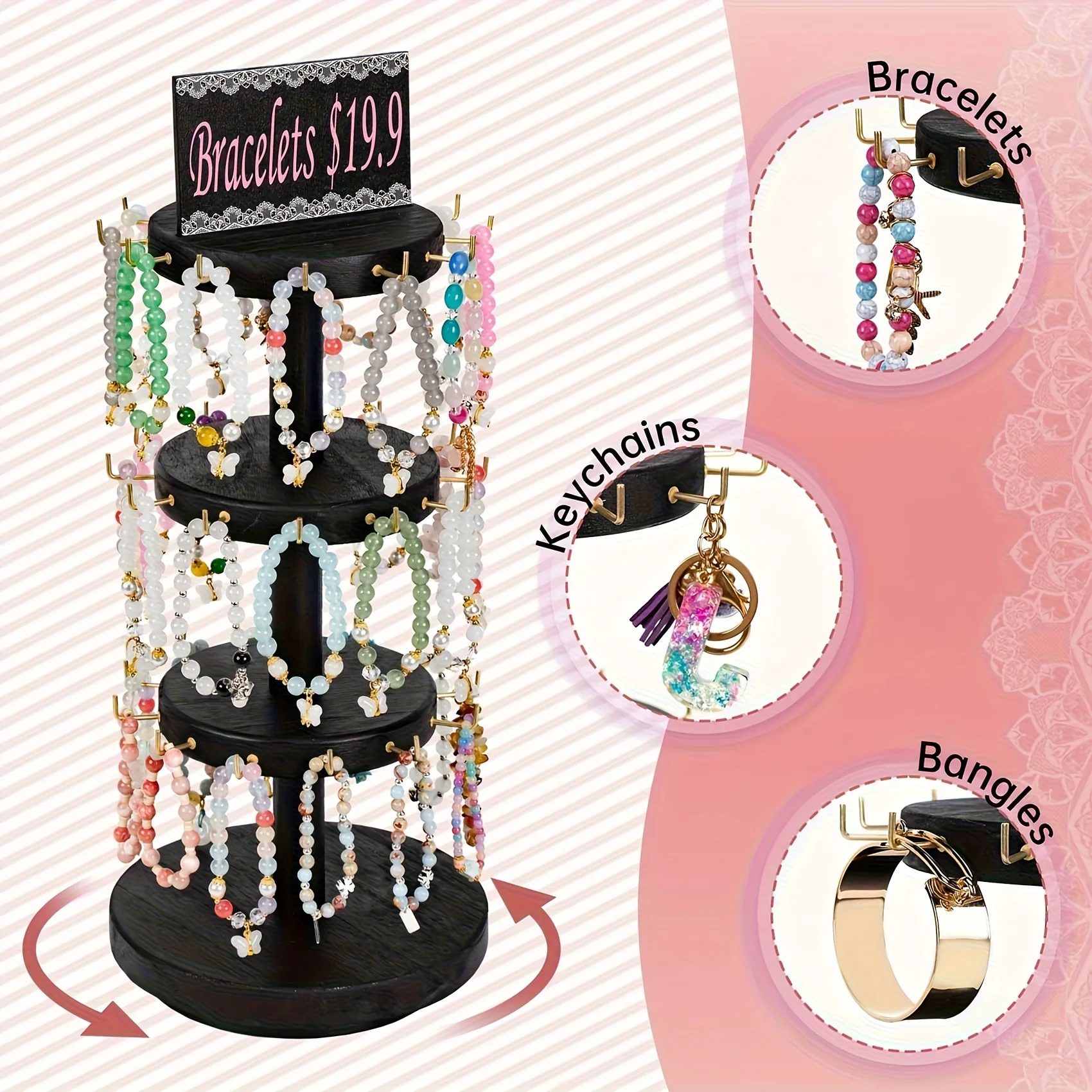 Rustic-style Bracelet Stand, Three-tier Wooden Rotating Bracelet Display Stand, Tree-shaped Stand with Signage, 36-hook Bracelet