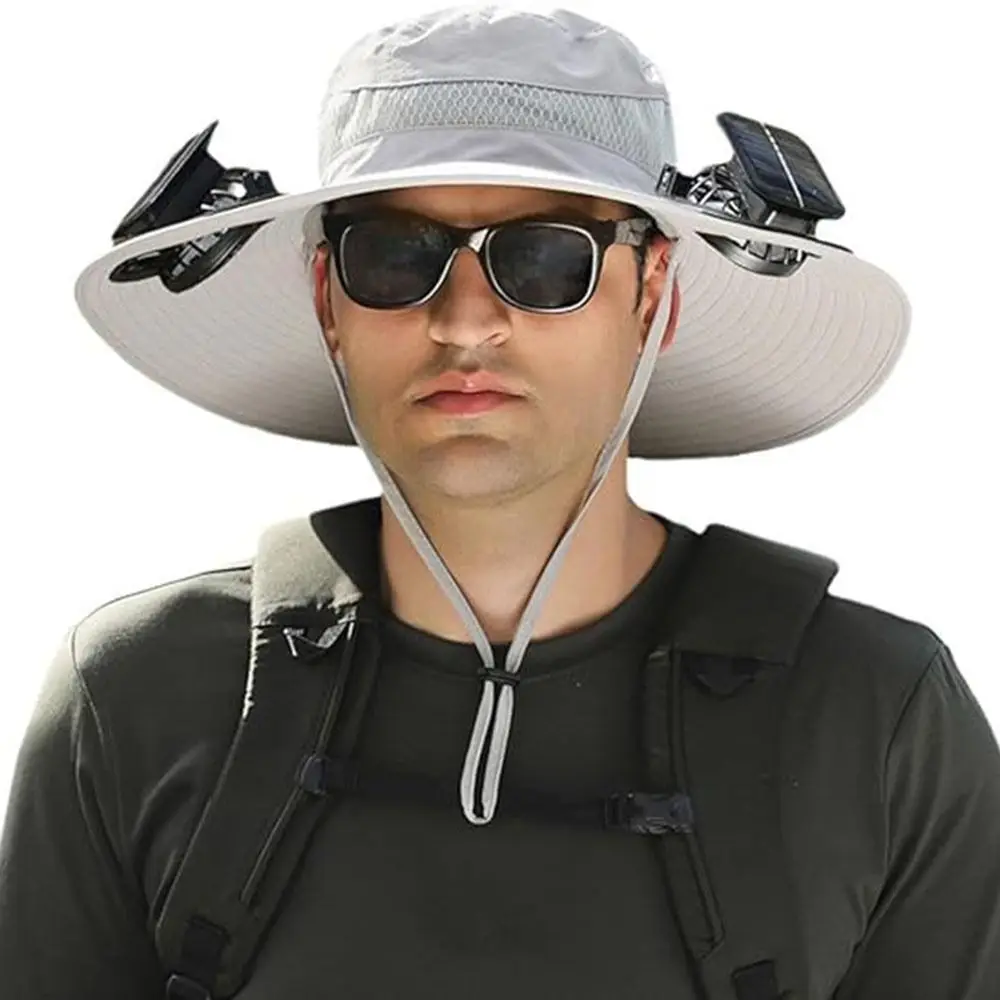 

Wide Brim Fisherman Hat Casual Breathable Anti UV Solar Fan Hat with 2 Solar Fan Bucket Hat Men