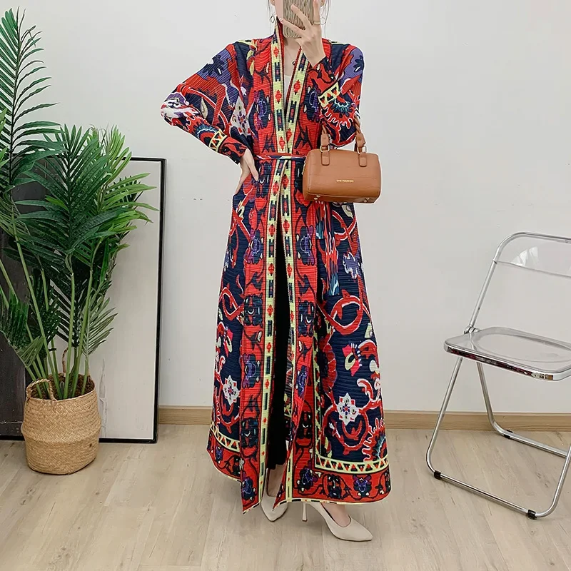 Pleats Pleated Jacket Arabic Dress Robe 2024 New Lace Up Pleated Long Skirt Thin Foreign Women Plus Size Women Clothing