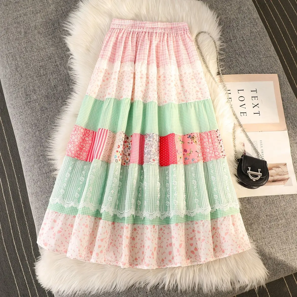 

Новая женская юбка с цветочным принтом в винтажном стиле Y2K Harajuku, эластичная талия, А-силуэт, летняя повседневная модная пляжная юбка