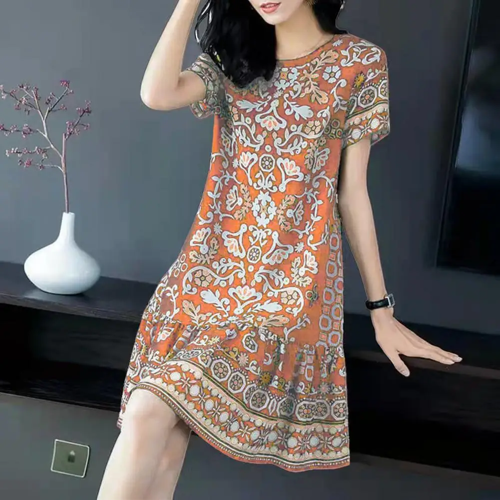 Vestido feminino de verão, gola redonda, meia manga, estampa retrô, linha a, bainha grande, comprimento do joelho, solto, casual, uso diário, férias, midi