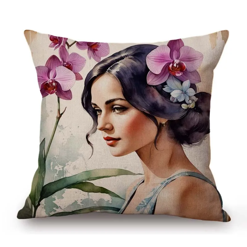 Vintage Poster Beautiful Lady Poster Purple Orchid Home Decorative Art Cotton Linen Sofa Throw Pillow Case Elegant Cushion Cover