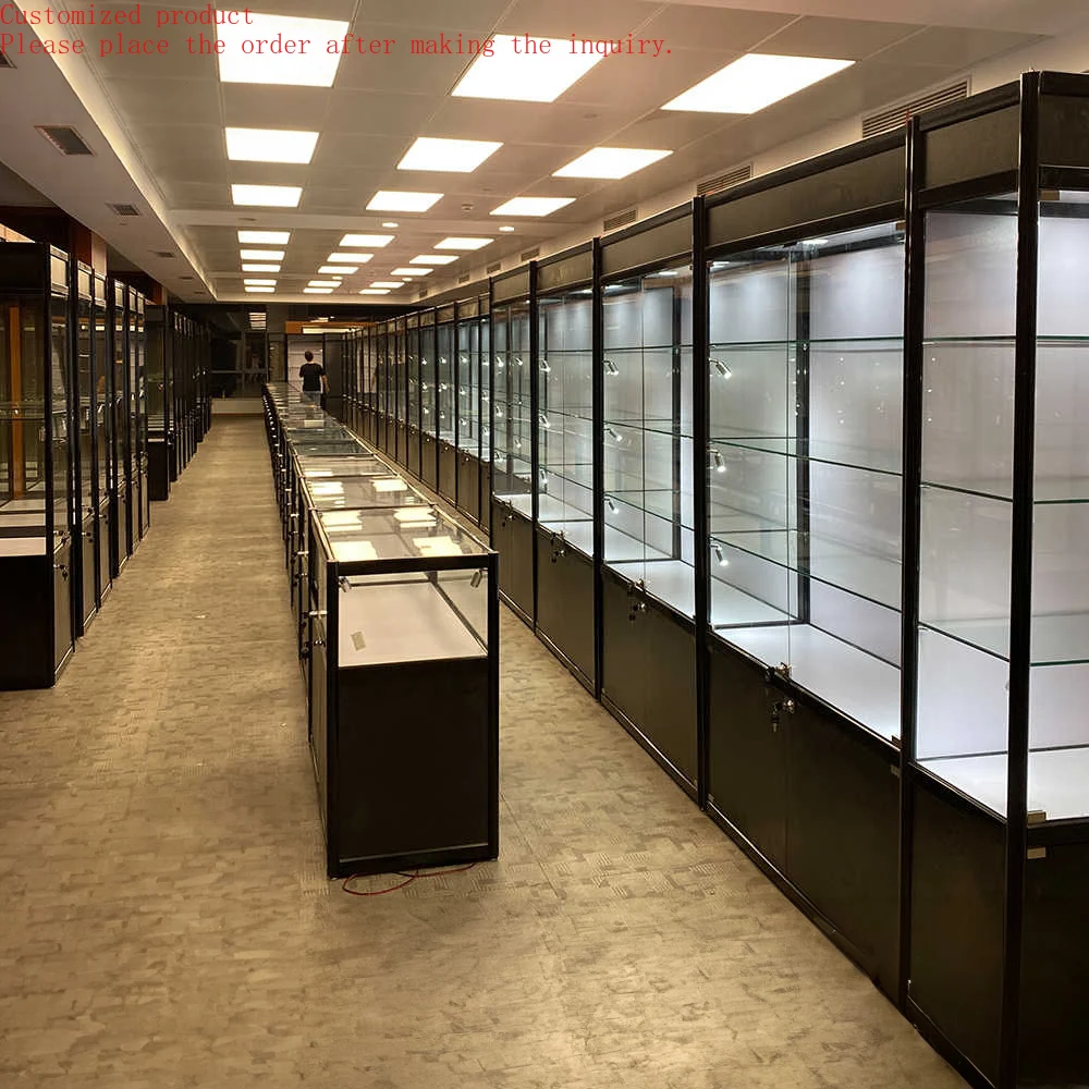 Vitrina de exhibición de peluca de vitrina de cristal de visión completa personalizada al por menor con luz LED escaparate de exhibición de tienda de humo barato