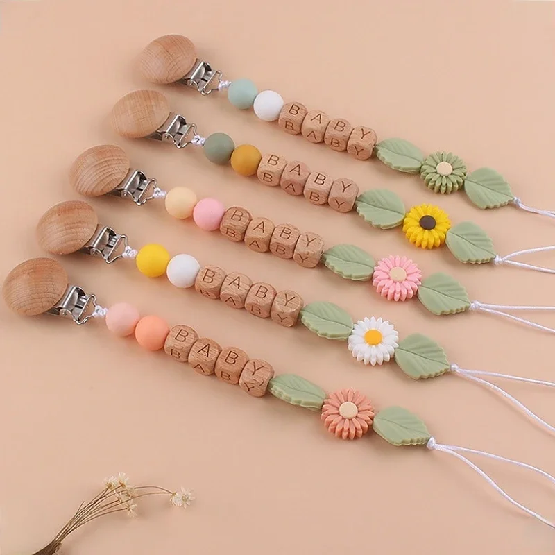 Personalized Name Baby Pacifier Clips Wooden Love Flower Silicone Beads  Teethers Dummy Nipple Holder Clip Newborn Teething Toys