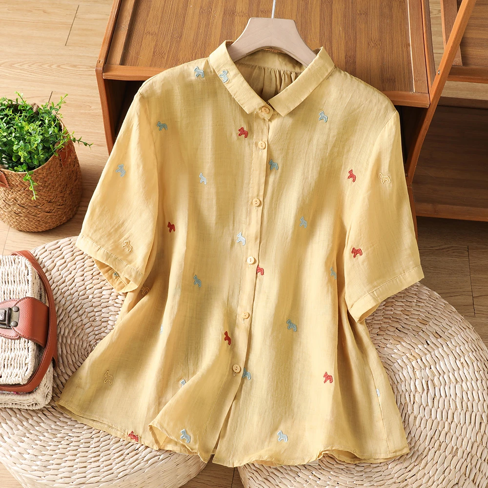 

High-End Women's Collar Shirt Jacket Trendy Top Summer New Arrival Loose Fit Embroidered Short Sleeve Chinese Brand