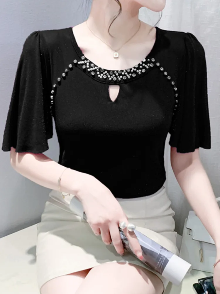 

#7241 Black Red Purple Stretch Mesh Short T Shirt Women Round Neck Diamonds Thin Sexy Skinny Tshirt Female Ruffles Sleeve Summer