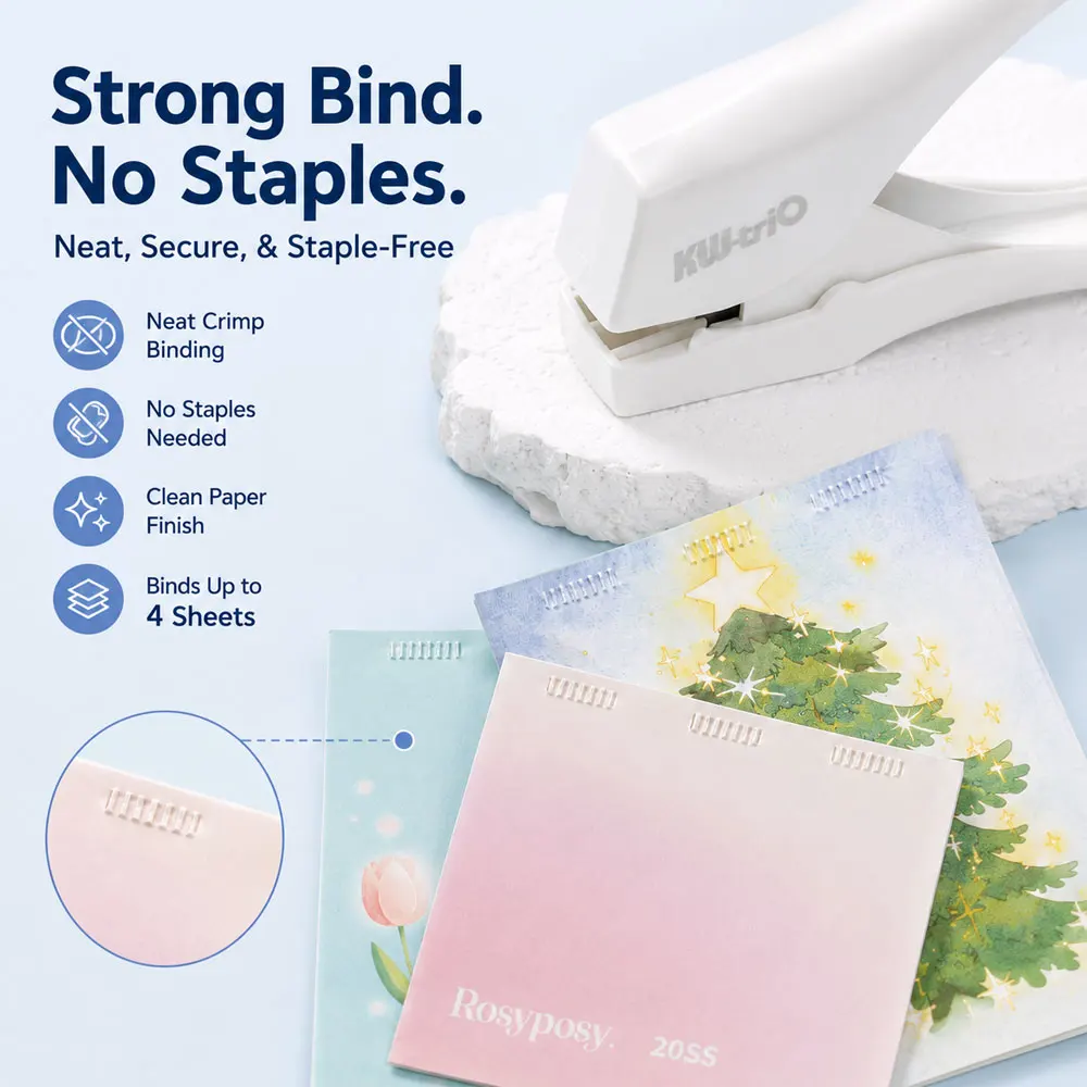 White Staple-Free Crimp Stapler, Portable 4-Sheet Binder with ABS Body and Metal Core for Office, School, Home, Notes & Receipts