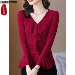 S-4XL 2023 Women Autumn Winter Basic Wear Elegant Ruffles Shirt Casual Retro Vintage Slim Fitted Tunic Peplum Tops And Blouses