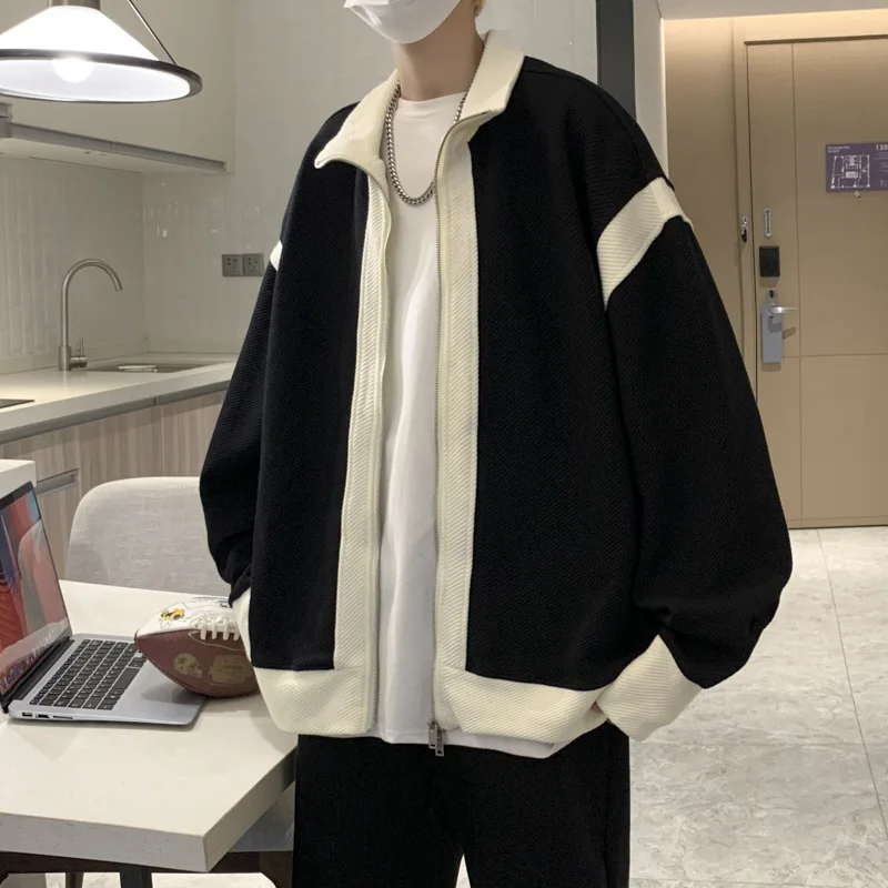 Giacca da uomo con doppia cerniera in stile Hong Kong, nuovo articolo autunnale da uomo, giacca in maglia a blocchi di colore casual allentata oversize