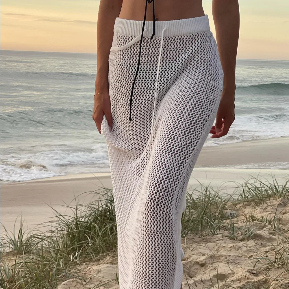 Cryptographic Elegant Hollow Out Knitted White Maxi Skirts for Women Fashion Outfits Holiday Beachwear Skirt Bottoms See Through