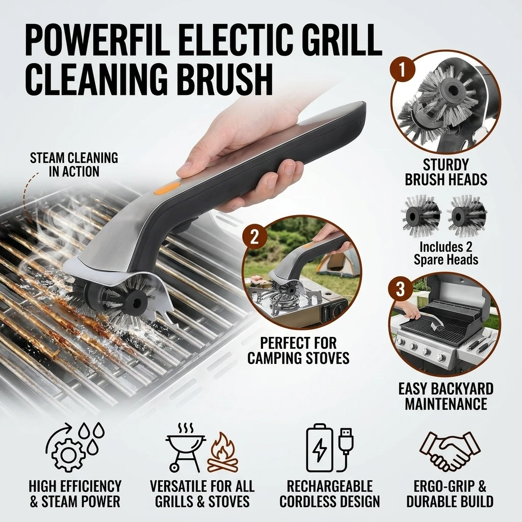 BBQ Cleaning Tool Electric Grill Brush for Backyard Parties 3000mAh Rotating Stainless Steel Wire Scrubber Heavy Duty Power