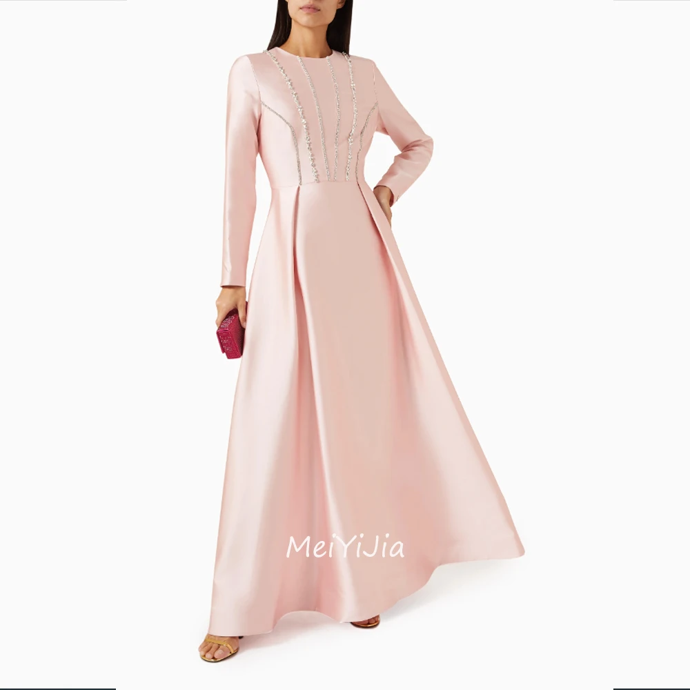 Meiyijia Evening Dress O-Neck Zipper up Ruffle Beaded Satin Simple Saudi Arabia Sexy Evening Birthday Club Outfits Summer 2024