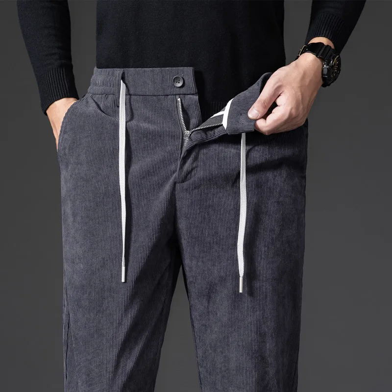 

2024 New Spring Autumn Corduroy Men's Casual Pants Classic Business Work Elastic Waist Straight Trousers Black Gray Khaki