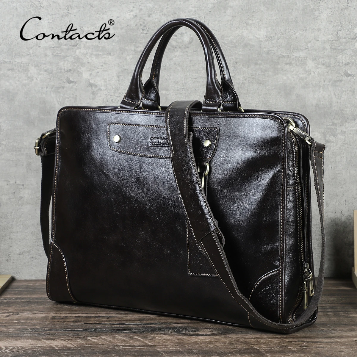 CONTACT'S Genuine Leather Business Bags for Men Luxury Designer Briefcase Office Bag Male Tote Laptop Bags for 14