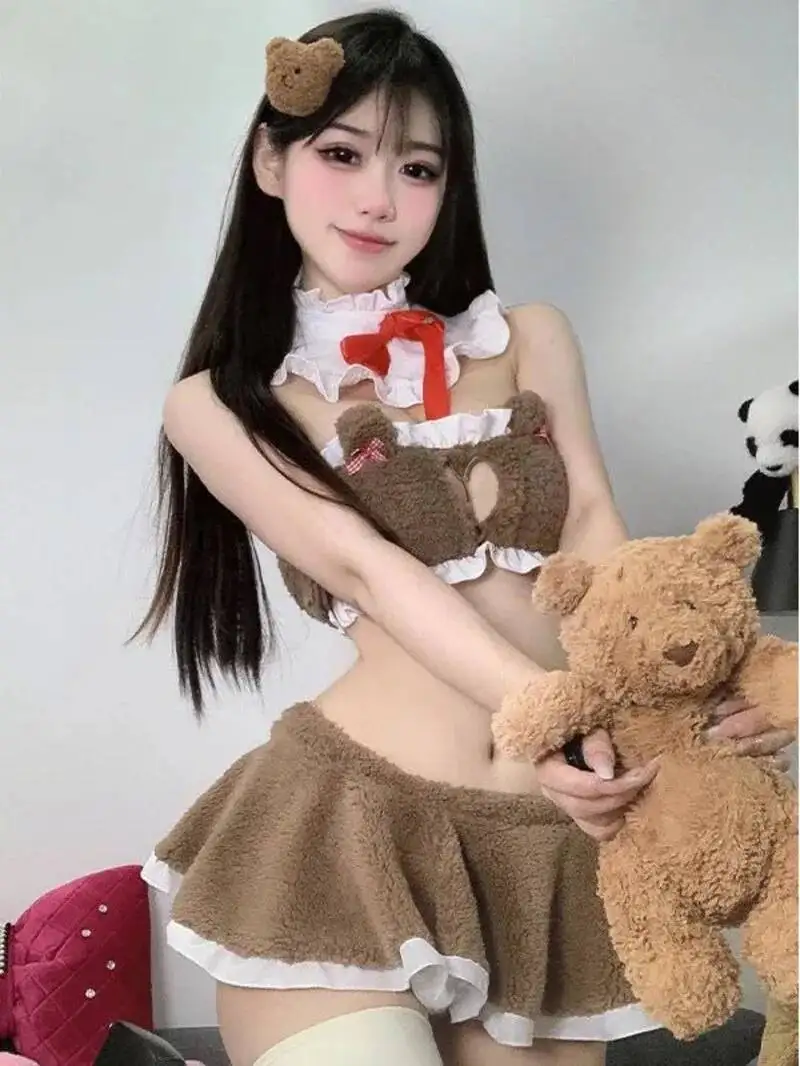 Fun Underwear Set Love Open Chest Cat Ear Plush Pajamas Women\'s Sexy Split Open Navel Two Piece Outfits For Women Summer NVHC