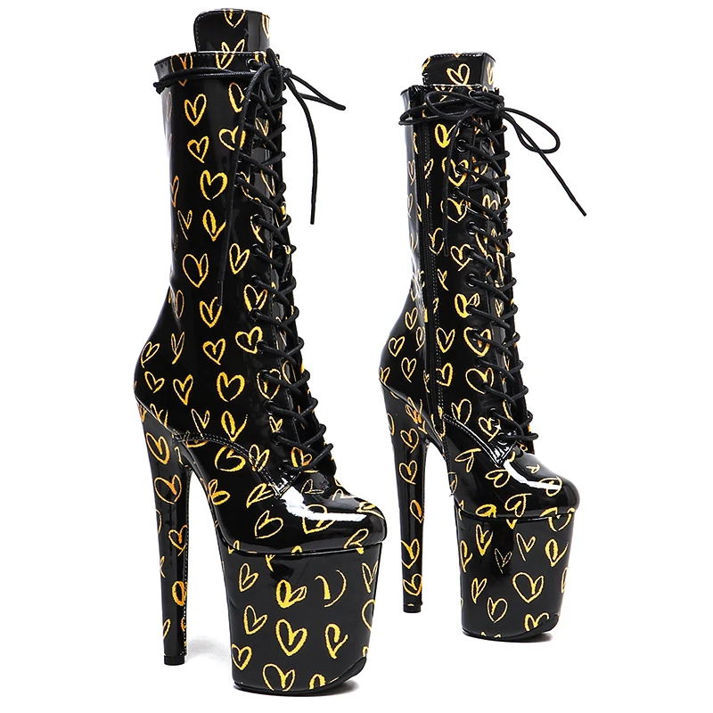 Leecabe  20CM/8inches patent Upper  loving heart Pattern Fashion trend platform High Heel party  stripper heel  Pole Dance boots