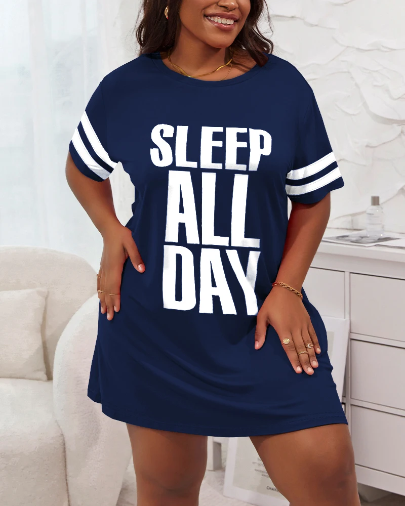 Women's Pajamas Dress Letter Print Round Neck Short Sleeve Pajamas Dress Leisure Loose Comfortable Elegant Pajamas Dress