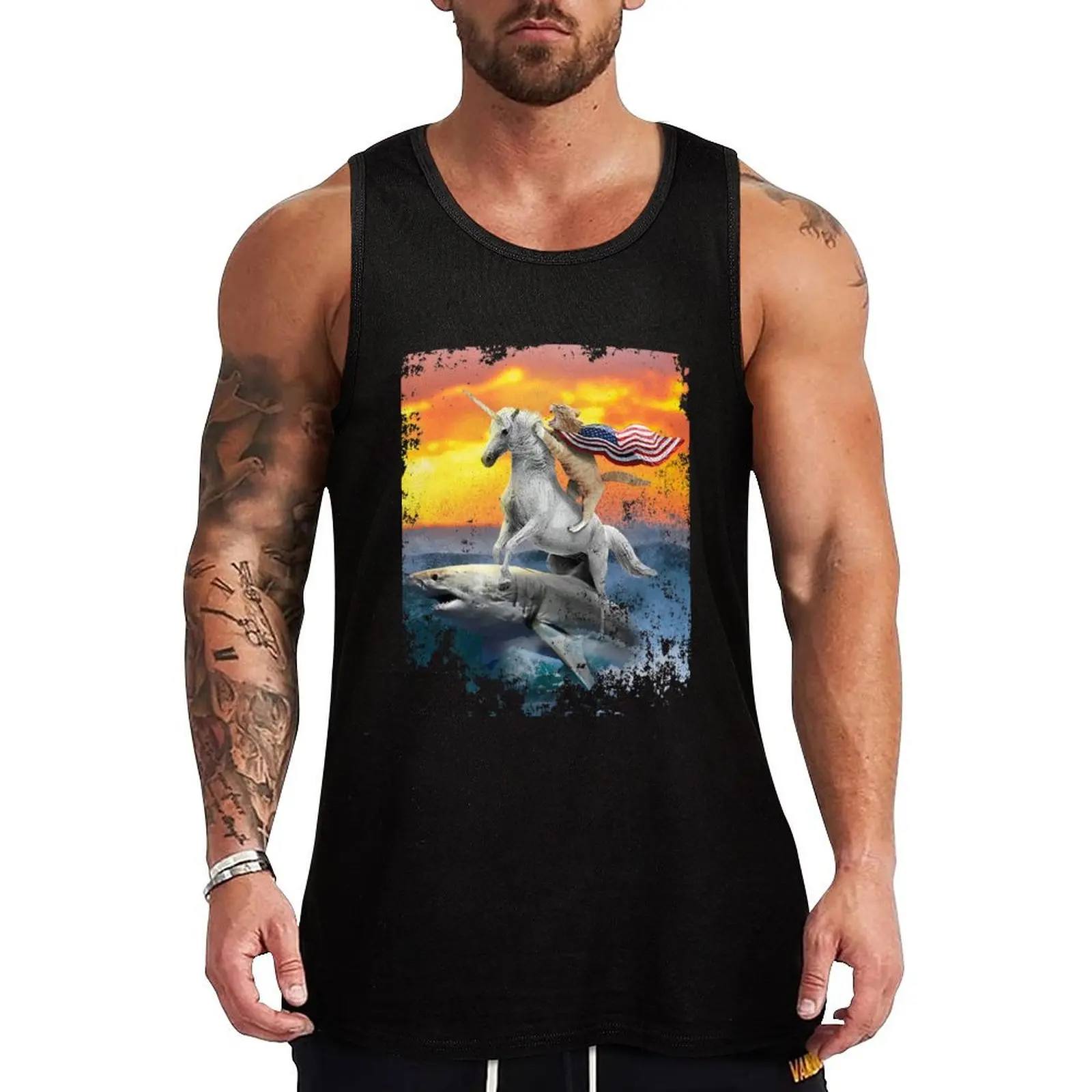 

Patriotic Unicorn Cat Shark 4th of July Tank Top cute tops sleeveless gym shirts male anime top Men's gym clothing