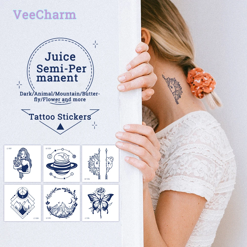 

VeeCharm - Juice Semi-permanent Tattoo Stickers for Women/Girls, Sexy Fake Tattoos for Personalized Back/Collarbone, 21 Sheets