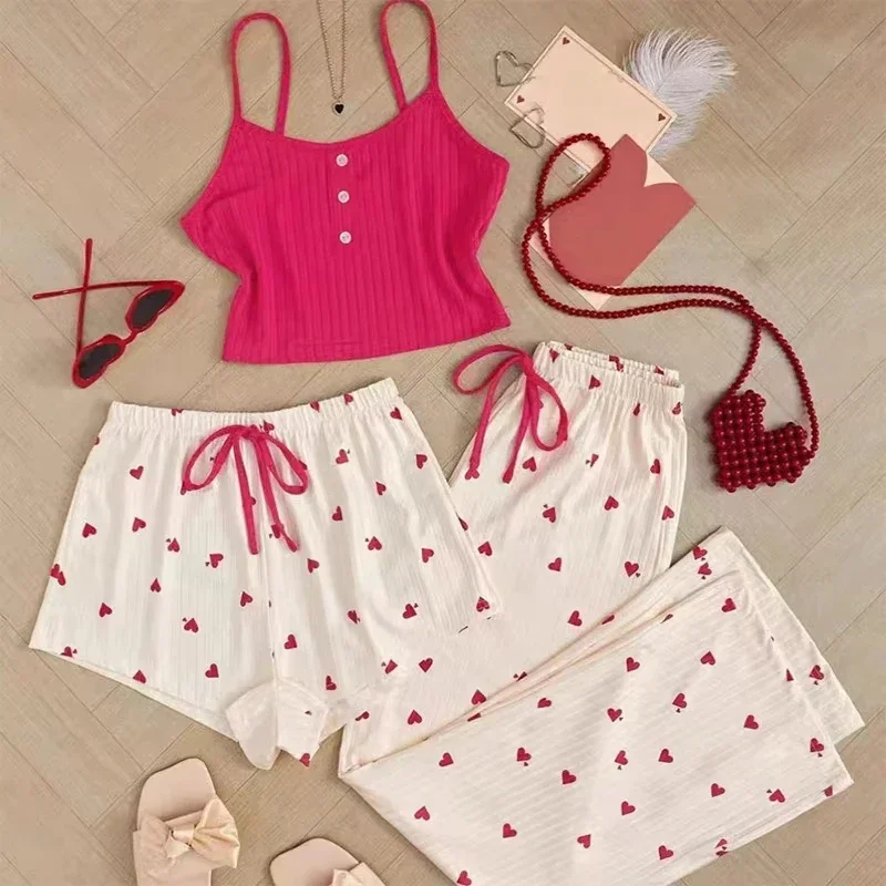 

Three Piece Women's Heart-Shaped Printed Vest Shorts and Pants Paired with Ribbed Fabric for Home Casual Women's Sleepwear Set
