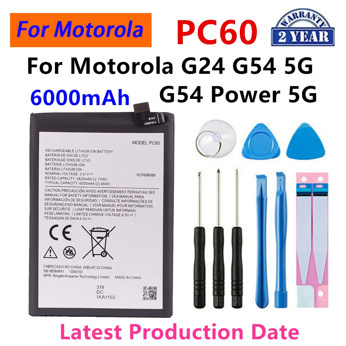 

Brand New PC60 6000mAh Battery For Motorola MOTO G24 G54 5G /G54 Power 5G phone Batteries+Tools