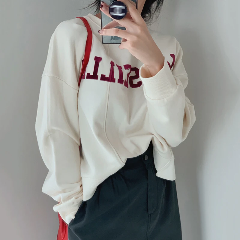 Women Korean Kawaii Patchwork Chic Short Sweatshirts Tops Casual Loose Vintage Letter Print Round Neck Pullover Female Kpop