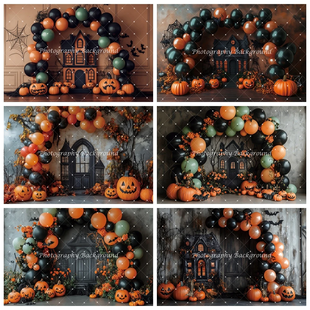 

Horror Halloween Photography Background Scary Castle Black Orange Balloons Arch Pumpkin Adult Kid Halloween Party Photo Backdrop