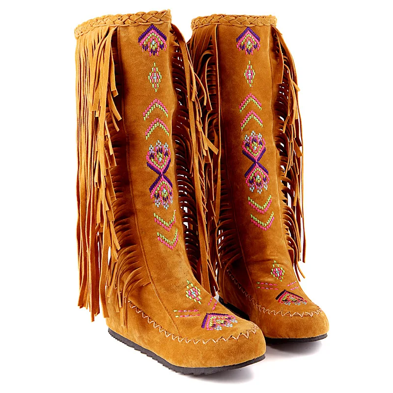 Ethnic Style Women Boots Europe Tassel Bootie Shoes Mid Calf Wedge Boots